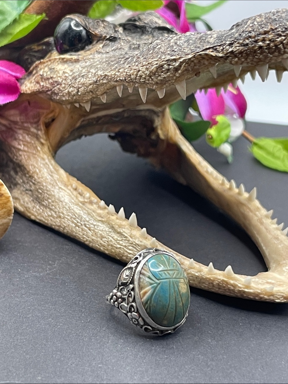 Scarab sterling and jasper antique ring